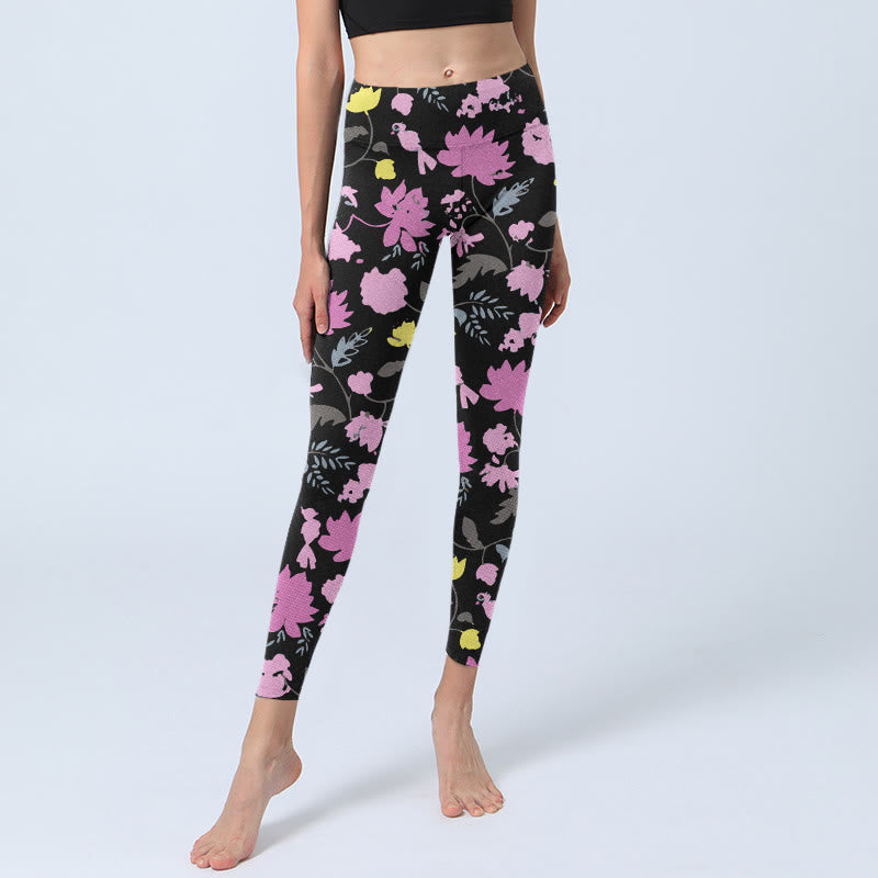 Watercolor Style Softly Colored Flower Leaf Pattern Print Gym Leggings Women's Yoga Pants