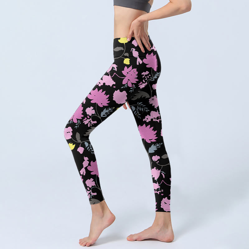 Watercolor Style Softly Colored Flower Leaf Pattern Print Gym Leggings Women's Yoga Pants