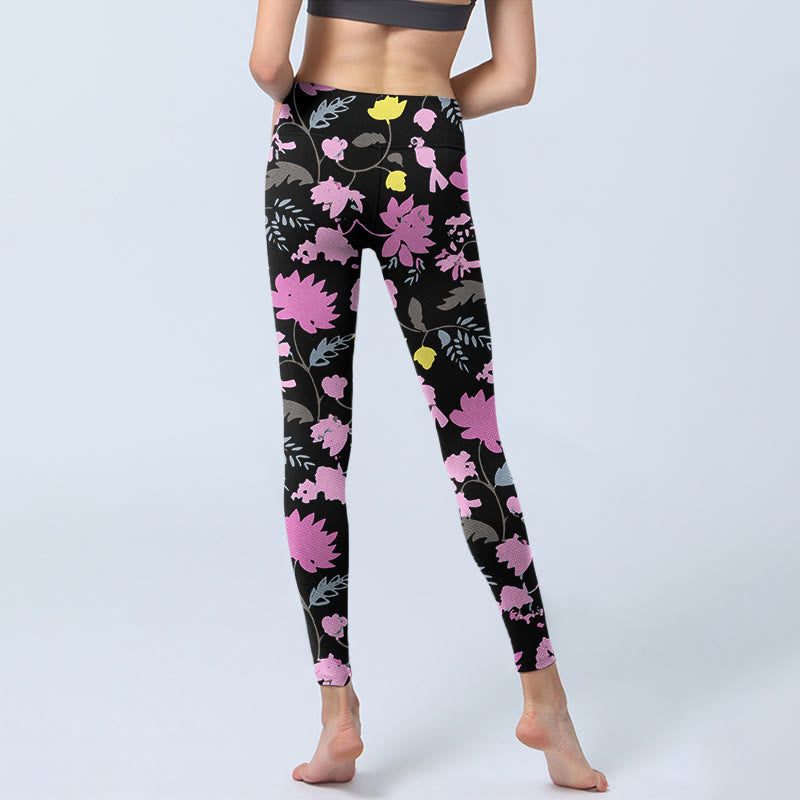 Watercolor Style Softly Colored Flower Leaf Pattern Print Gym Leggings Women's Yoga Pants