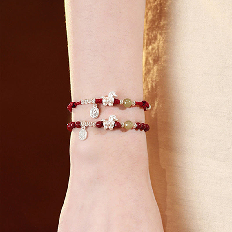 Year Of The Horse Cinnabar Hetian Jade 999 Sterling Silver Red String Concentration Bracelet