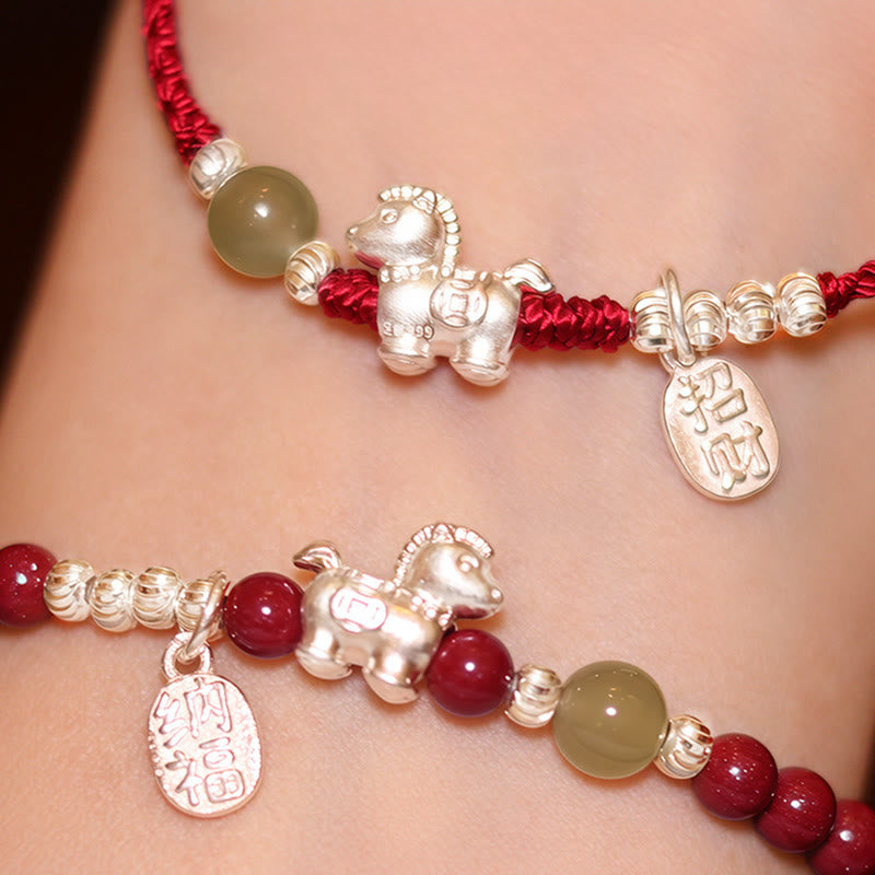 Year Of The Horse Cinnabar Hetian Jade 999 Sterling Silver Red String Concentration Bracelet