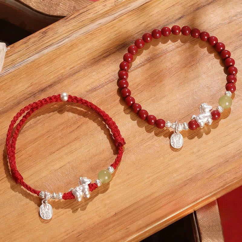 Year Of The Horse Cinnabar Hetian Jade 999 Sterling Silver Red String Concentration Bracelet