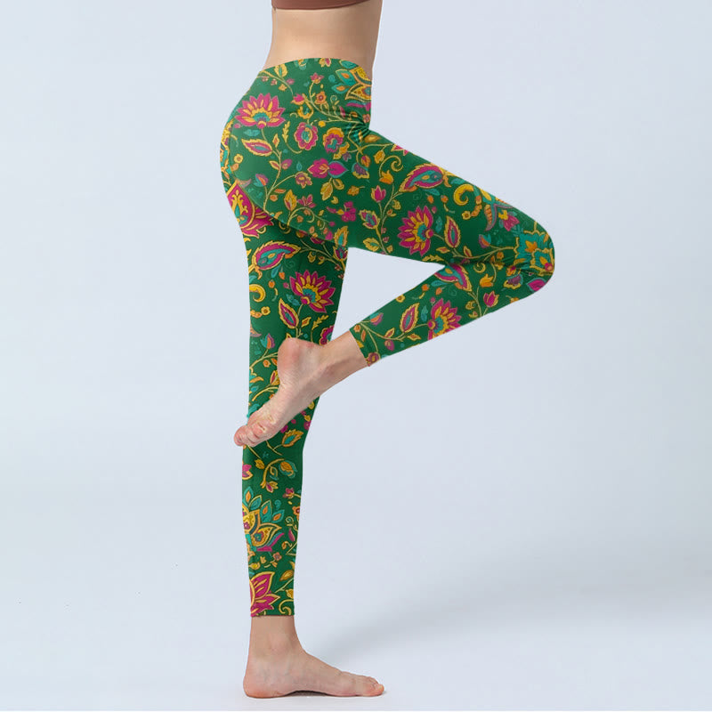 Brightly Colored Flower Leaf Pattern Gym Leggings Women's Yoga Pants