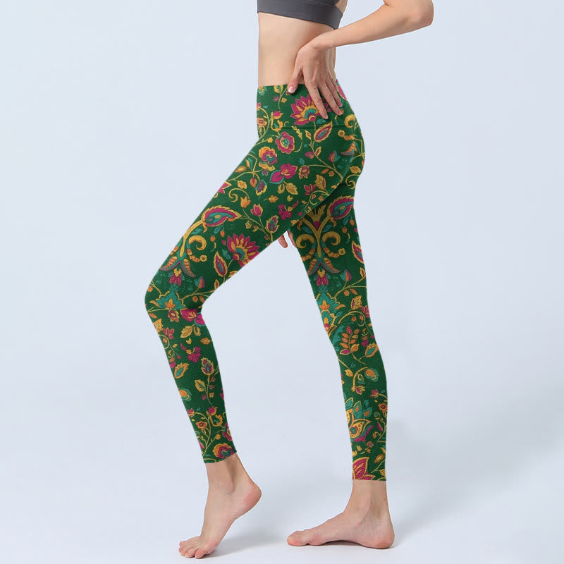 Brightly Colored Flower Leaf Pattern Gym Leggings Women's Yoga Pants