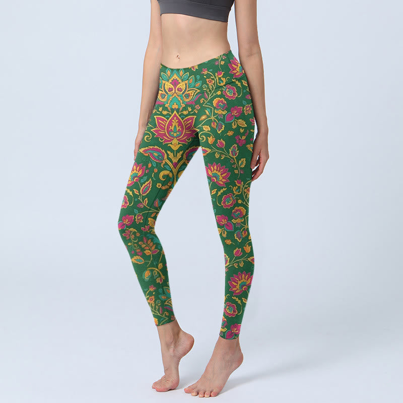 Brightly Colored Flower Leaf Pattern Gym Leggings Women's Yoga Pants