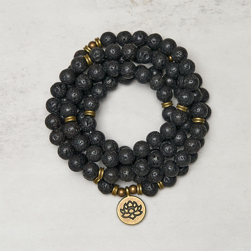 Retro Lotus Symbol Charm Lava Rock Bead New Beginning Mala