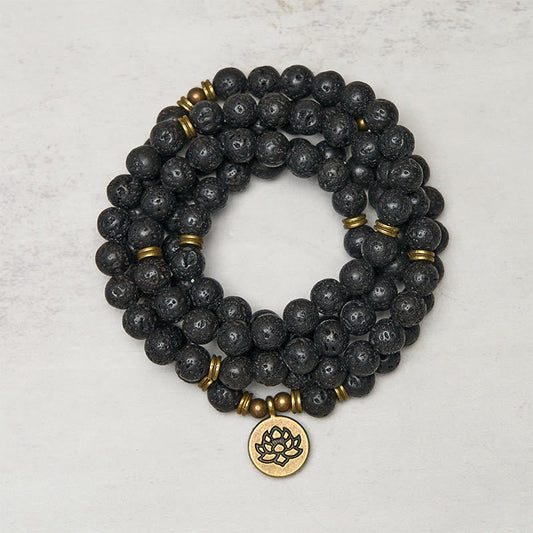 Retro Lotus Symbol Charm Lava Rock Bead New Beginning Mala
