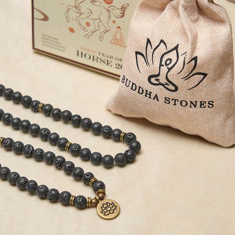 Retro Lotus Symbol Charm Lava Rock Bead New Beginning Mala