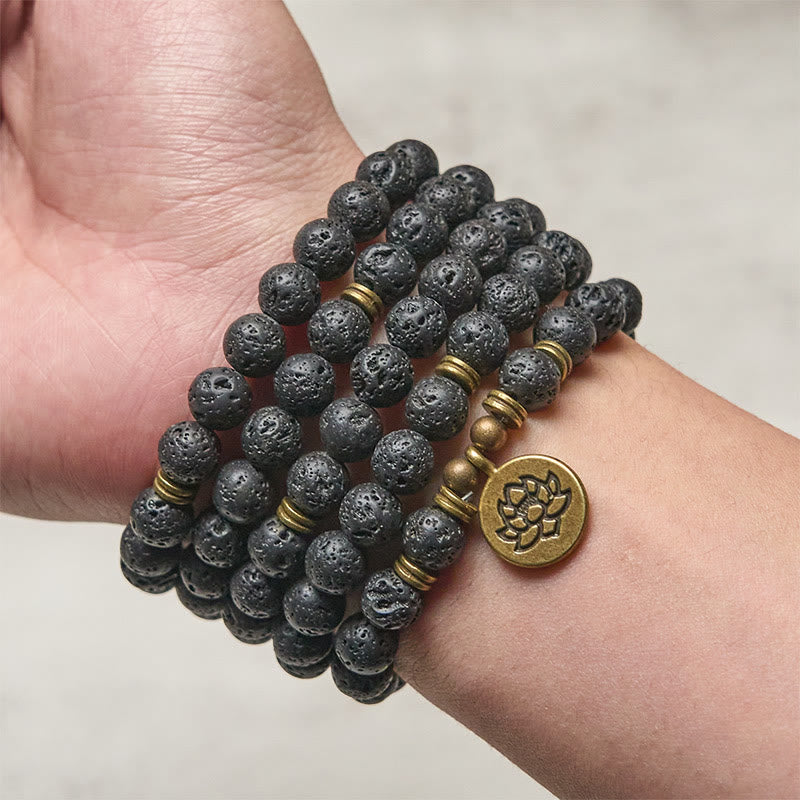 Retro Lotus Symbol Charm Lava Rock Bead New Beginning Mala