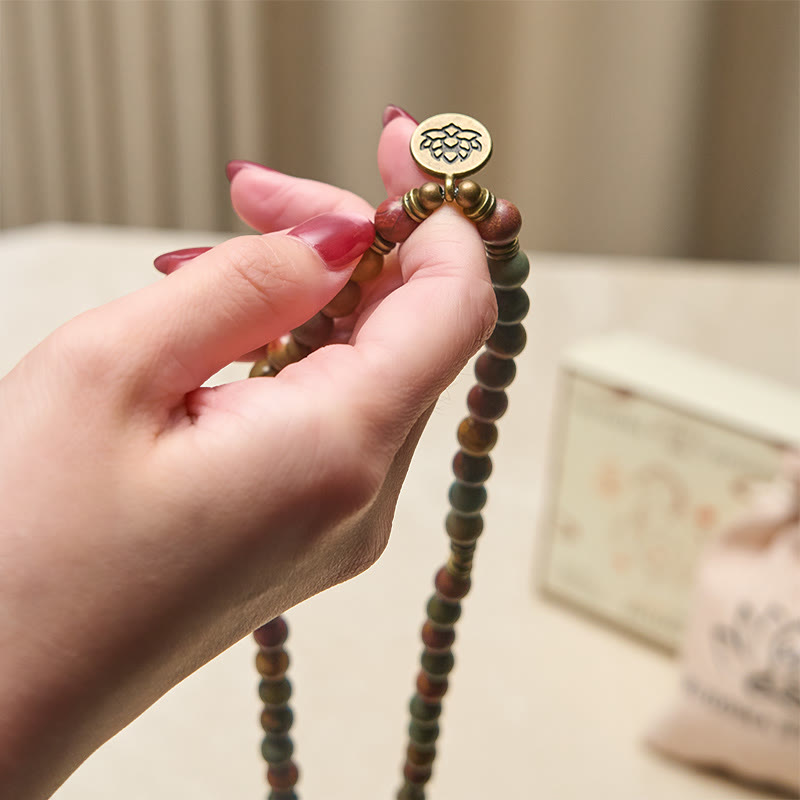 Retro Lotus Symbol Charm Round Bead Red Turquoise Warm Mala