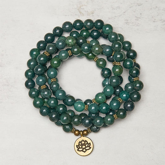 Lotus Symbol Charm Round Bead Moss Agate Mala