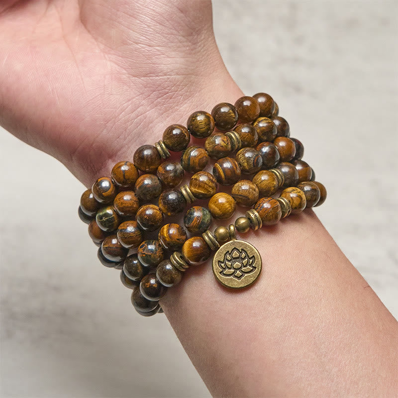 Lotus Symbol Tiger Eye Beaded Strength Mala