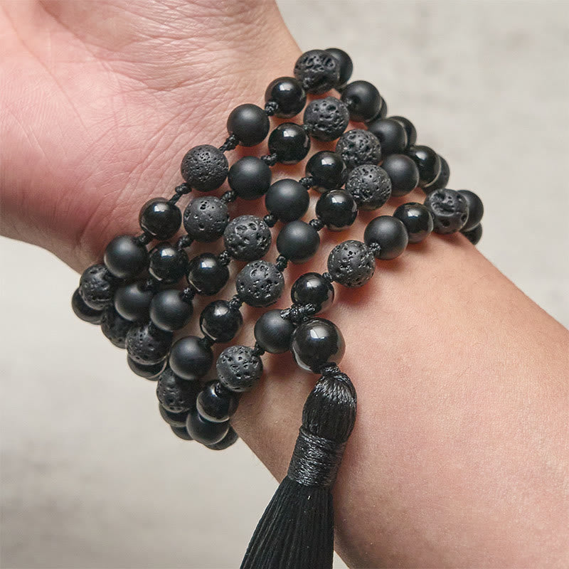 8mm Beads Black Onyx Lava Rock Tassel Protection Fortune Mala