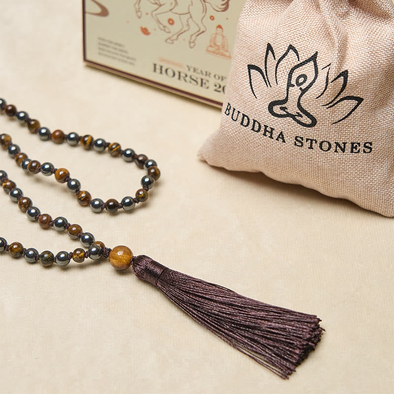 108 Beads Tiger Eye Hematite Tassel Courage Strength Mala