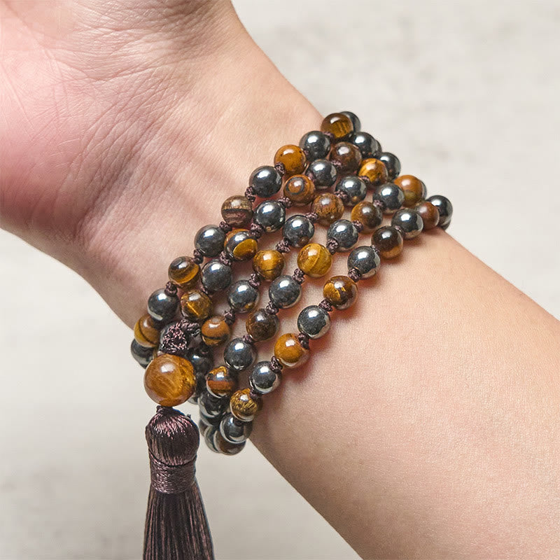 108 Beads Tiger Eye Hematite Tassel Courage Strength Mala