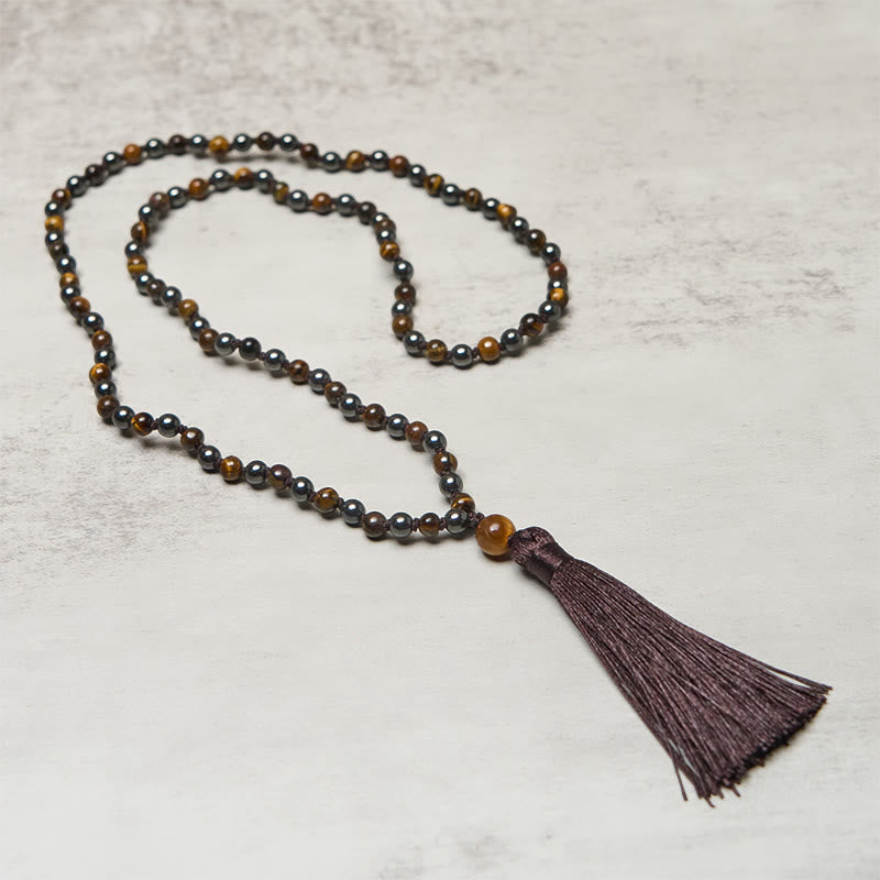 108 Beads Tiger Eye Hematite Tassel Courage Strength Mala