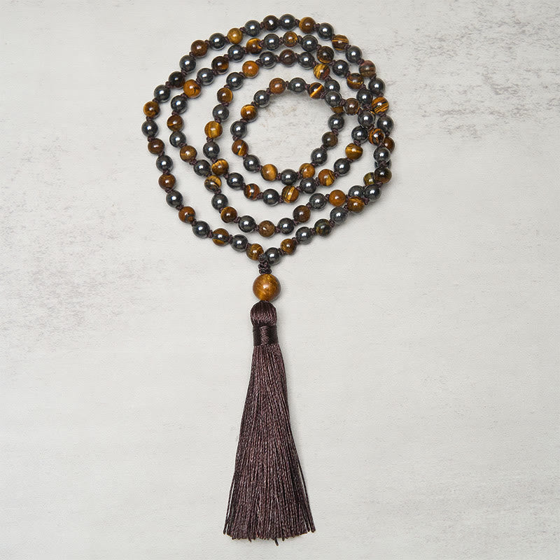 108 Beads Tiger Eye Hematite Tassel Courage Strength Mala