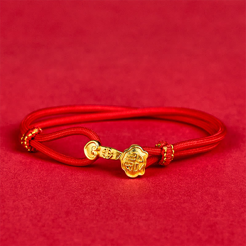 Ruyi Handle Fu Character Copper Plated Gold Rope Adjustable Luck Bracelet
