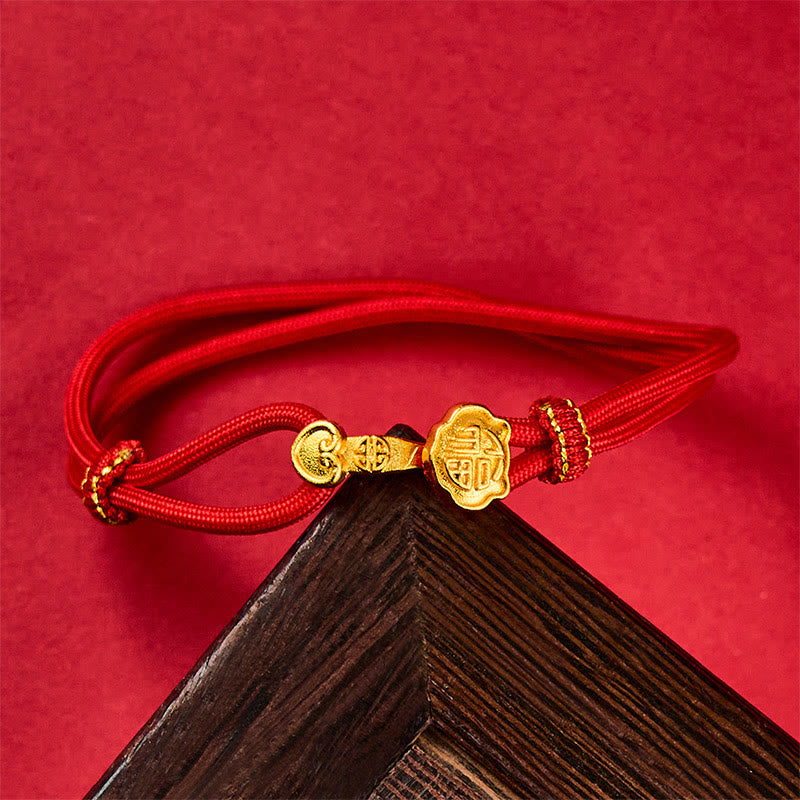 Ruyi Handle Fu Character Copper Plated Gold Rope Adjustable Luck Bracelet