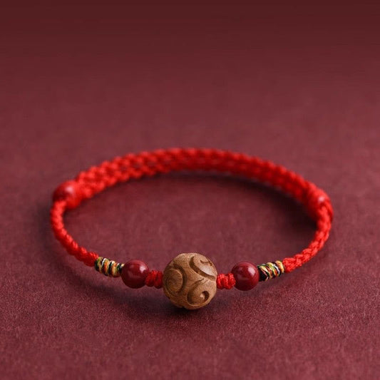 Carved Auspicious Pattern Natural Peach Wood Rope Luck Bracelet