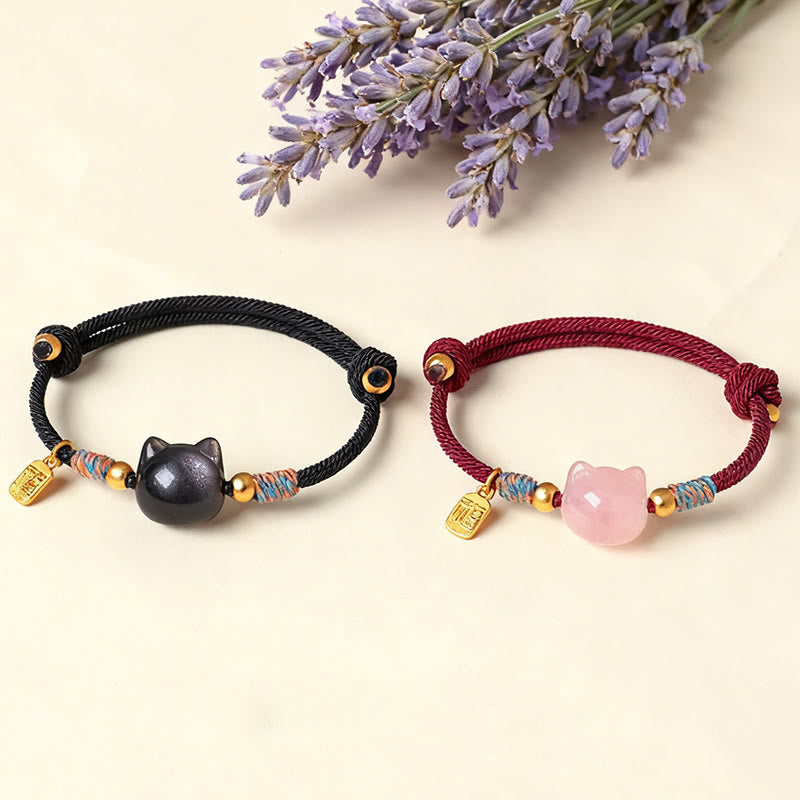 Cat Fu Character Silver Sheen Obsidian Pink Crystal String Protection Bracelet