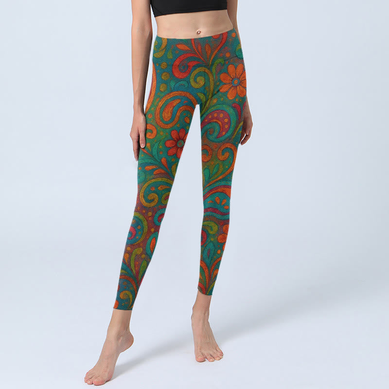 Vibrant Swirling Florals Paisley Print Gym Leggings Women's Yoga Pants
