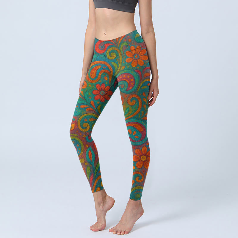 Vibrant Swirling Florals Paisley Print Gym Leggings Women's Yoga Pants