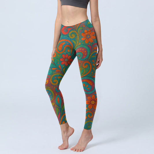 Vibrant Swirling Florals Paisley Print Gym Leggings Women's Yoga Pants