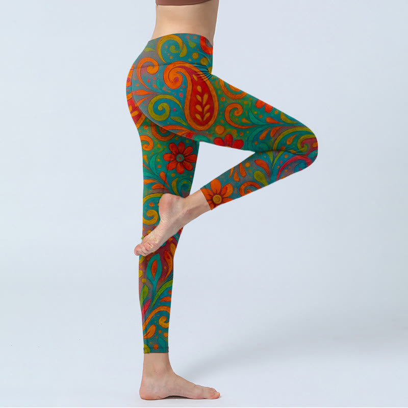 Vibrant Swirling Florals Paisley Print Gym Leggings Women's Yoga Pants
