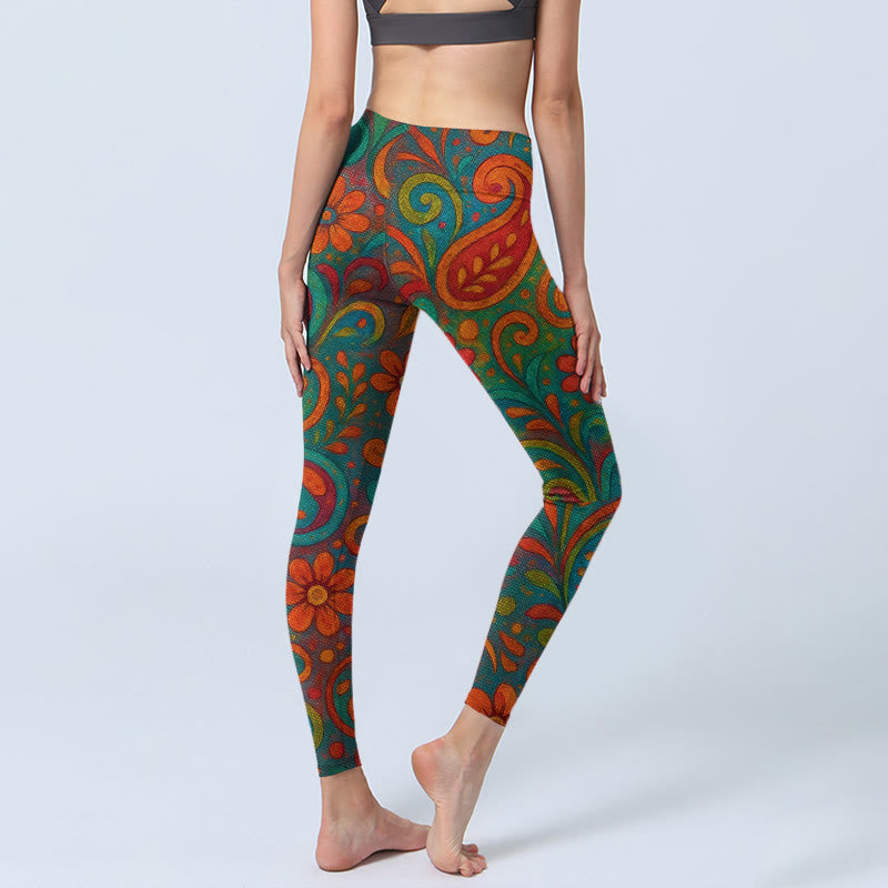 Vibrant Swirling Florals Paisley Print Gym Leggings Women's Yoga Pants