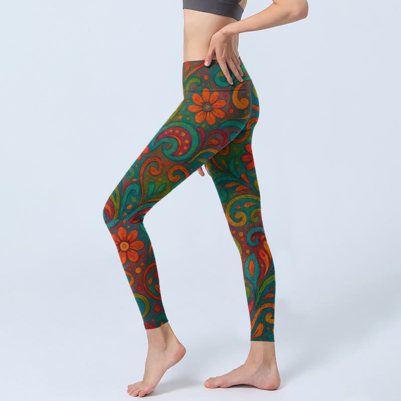 Vibrant Swirling Florals Paisley Print Gym Leggings Women's Yoga Pants