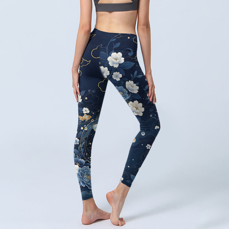 Blue White Peony Flowers Koi Fish Print Gym Leggings Women's Yoga Pants