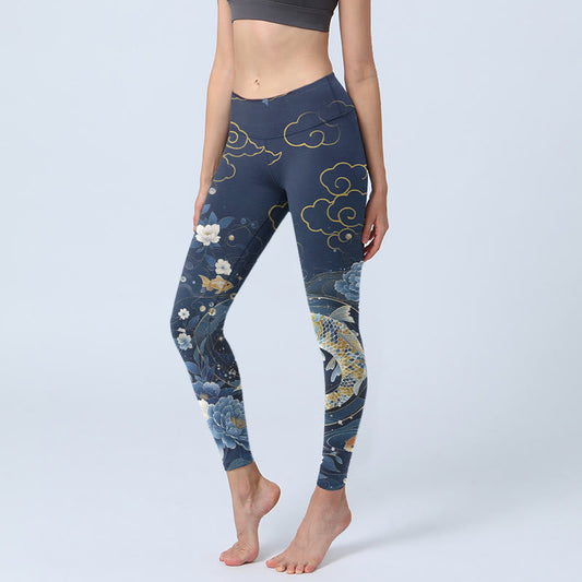 Blue White Peony Flowers Koi Fish Print Gym Leggings Women's Yoga Pants