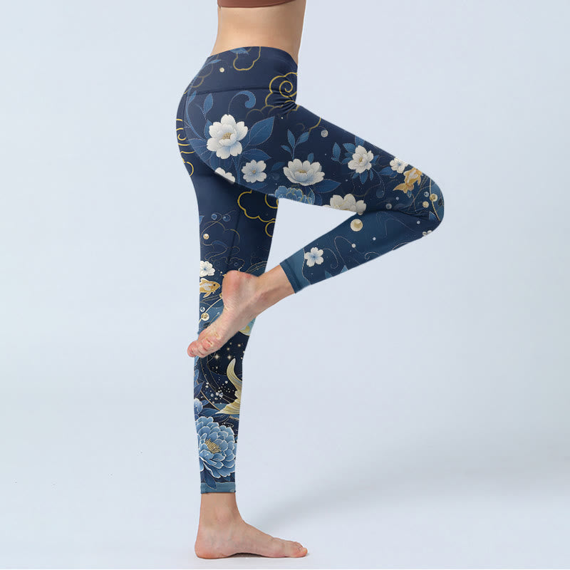 Blue White Peony Flowers Koi Fish Print Gym Leggings Women's Yoga Pants