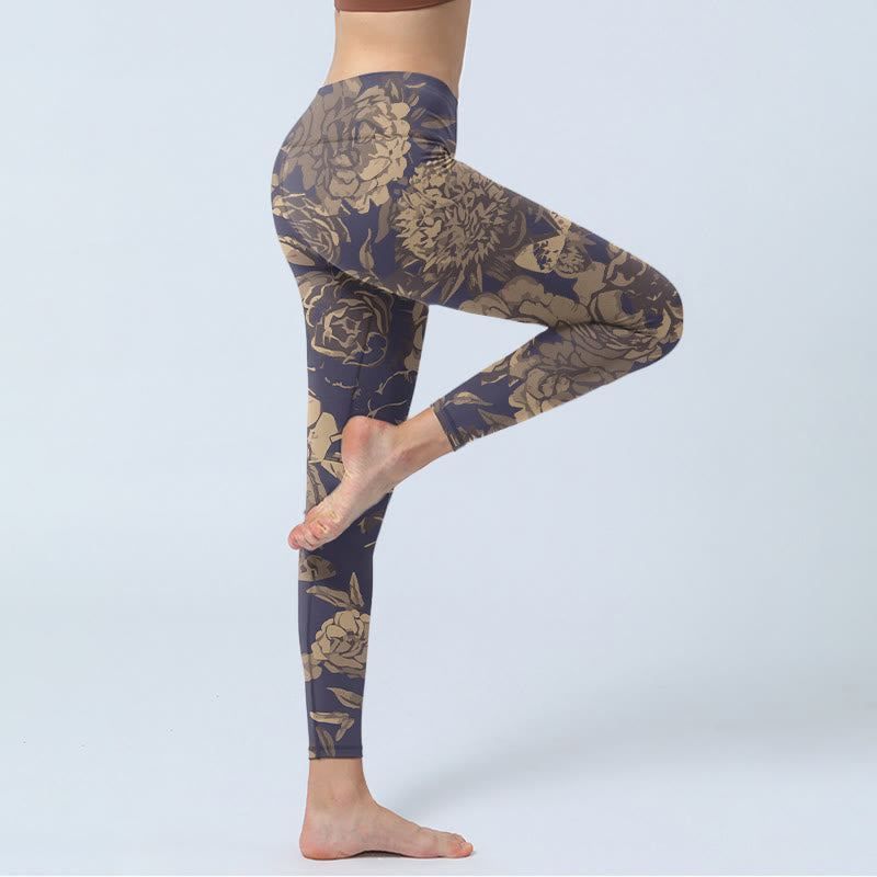 Retro Color Scheme Flower Butterfly Leaf Print Gym Leggings Women's Yoga Pants