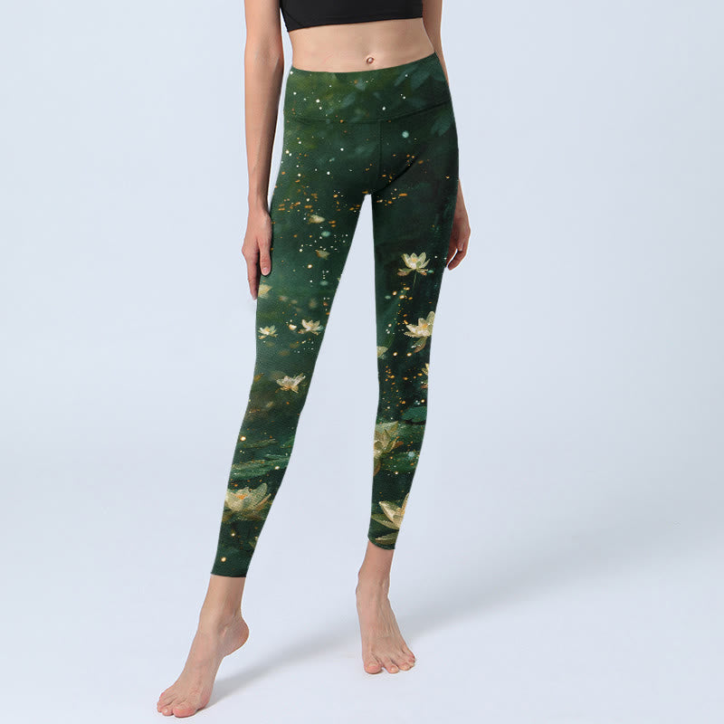 Dreamlike Lotus Flower Leaf Print Gym Leggings Women's Yoga Pants