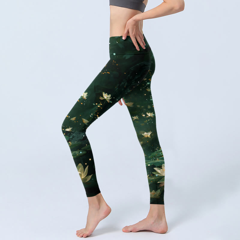 Dreamlike Lotus Flower Leaf Print Gym Leggings Women's Yoga Pants