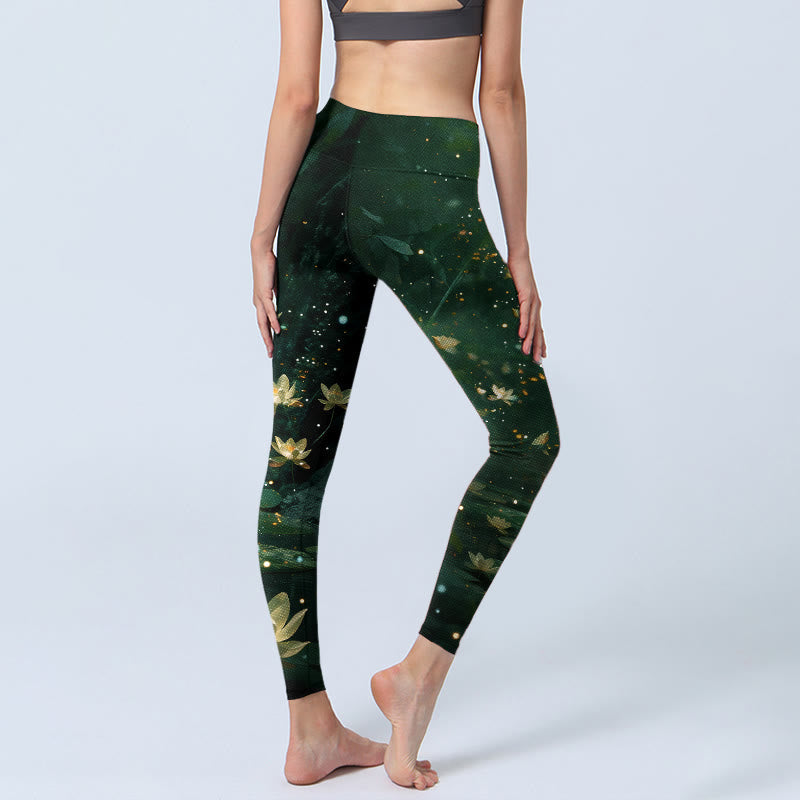 Dreamlike Lotus Flower Leaf Print Gym Leggings Women's Yoga Pants