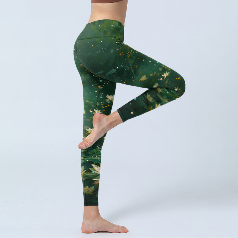 Dreamlike Lotus Flower Leaf Print Gym Leggings Women's Yoga Pants