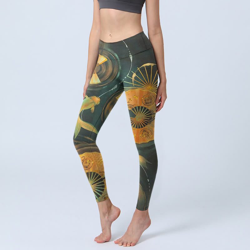 Gorgeous Folding Fan Koi Fish Print Gym Leggings Women's Yoga Pants