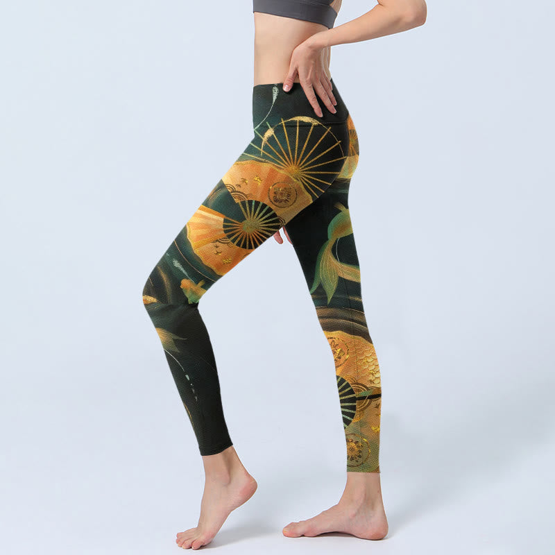Gorgeous Folding Fan Koi Fish Print Gym Leggings Women's Yoga Pants