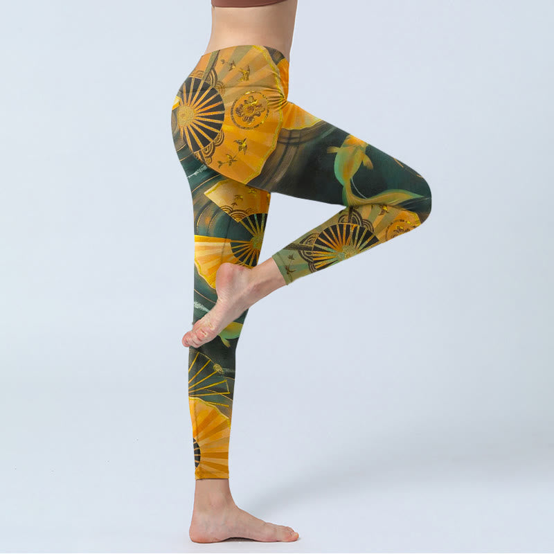 Gorgeous Folding Fan Koi Fish Print Gym Leggings Women's Yoga Pants