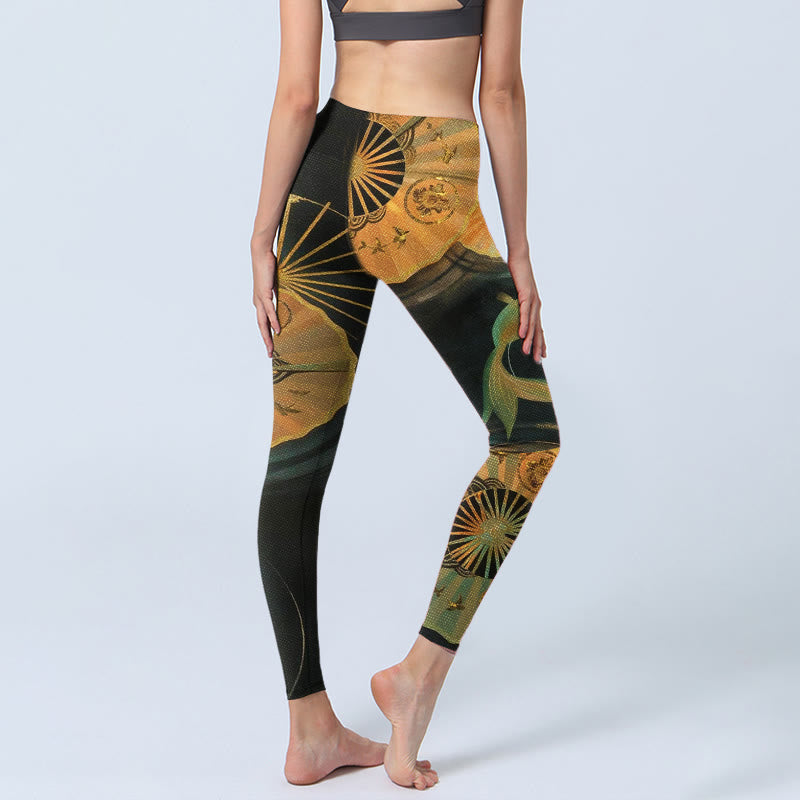 Gorgeous Folding Fan Koi Fish Print Gym Leggings Women's Yoga Pants