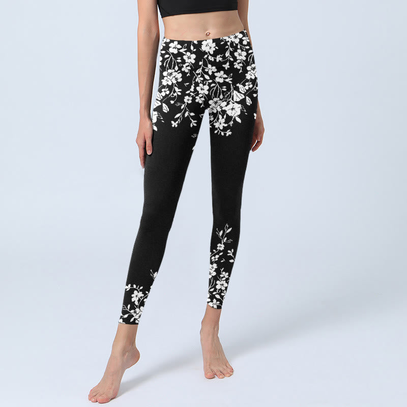 Gorgeous Minimalist Style Flower Pattern Print Gym Leggings Women's Yoga Pants