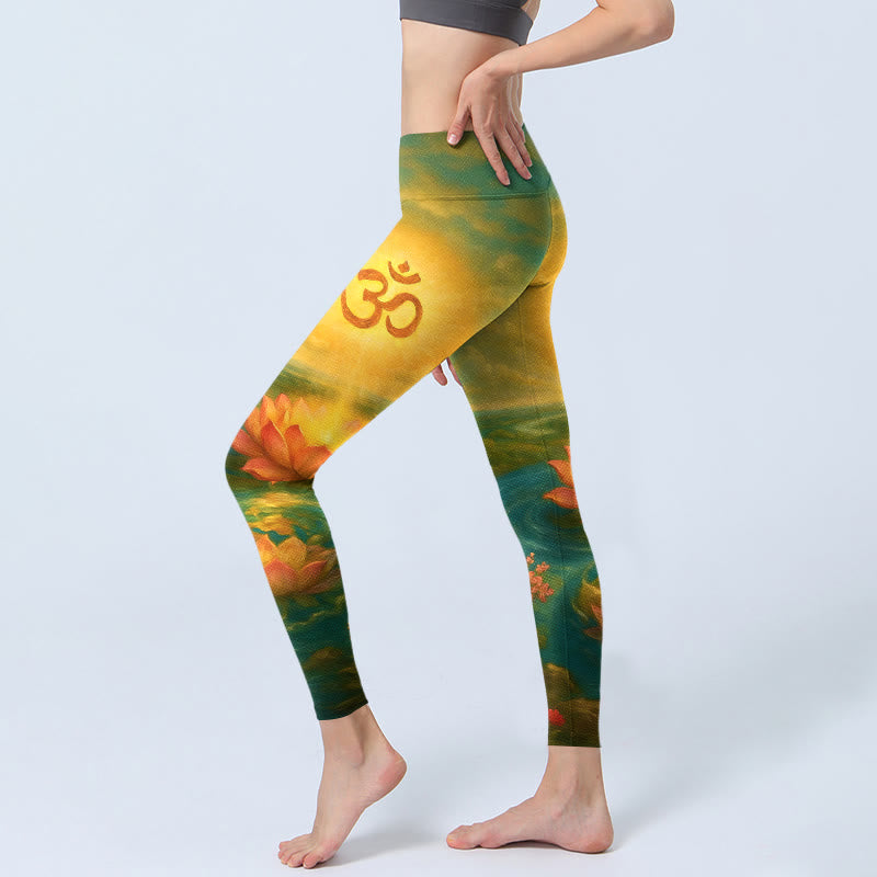 Symmetrical Om Symbol Lotus Flower Small Flower Tree Cloud Pattern Print Gym Leggings Women's Yoga Pants