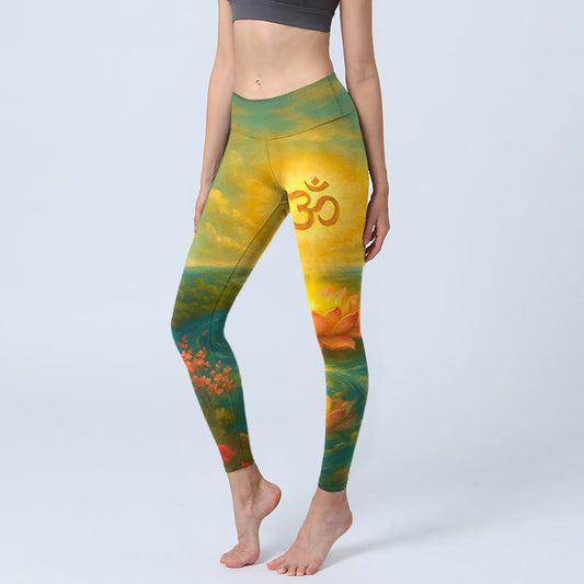 Symmetrical Om Symbol Lotus Flower Small Flower Tree Cloud Pattern Print Gym Leggings Women's Yoga Pants