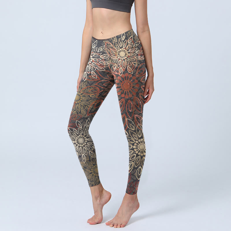 Symmetrical Retro Flower Pattern Print Gym Leggings Women's Yoga Pants
