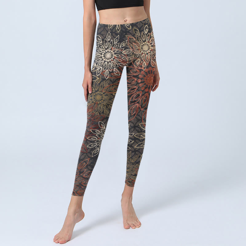 Symmetrical Retro Flower Pattern Print Gym Leggings Women's Yoga Pants