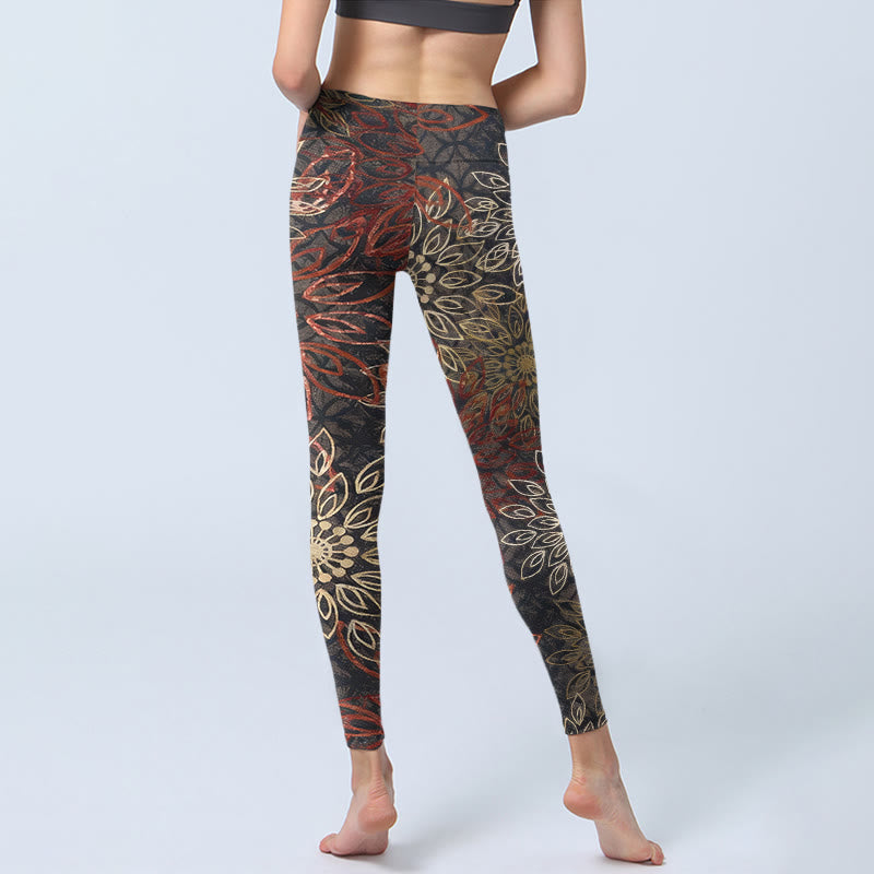 Symmetrical Retro Flower Pattern Print Gym Leggings Women's Yoga Pants