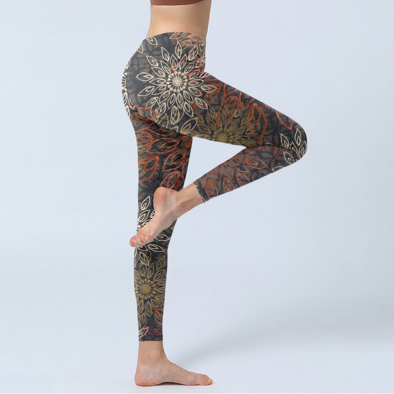 Symmetrical Retro Flower Pattern Print Gym Leggings Women's Yoga Pants